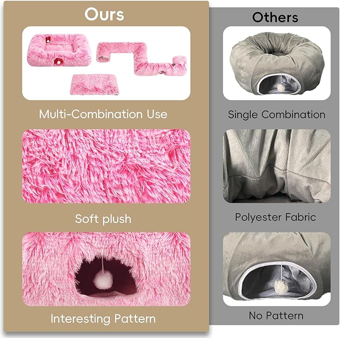Extra Large Cat Tunnel Bed, 4 Ways Tunnels for Indoor Cats, Multi-cat Family Pet Bed & Cave, Plush Cat Donut with Washable Middle Mat, Exit Balls, Pet Play Toy for Kitten Puppy Rabbit, Pink