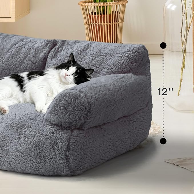 Large Cat Beds for Indoor Cats, Dog Couch Bed, Cute Cat Couch Sofas for Less 20lbs Kitten Puppy, Small Dog Sofas & Chairs with Removable Washable Cover, Soft Warm Pet Furniture, Gray
