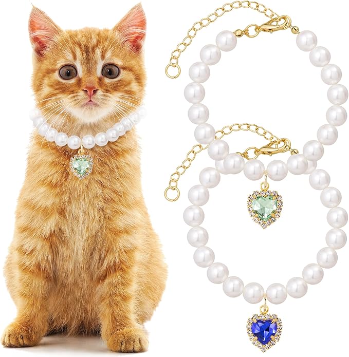 2pcs Cat Dog Pearl Collar, Small Heart Shape Rhinestone Pet Necklace, Adjustable Wedding Party Pet Jewelry Accessories for Puppy Small Cats- Blue & Green