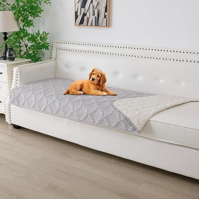 Waterproof Dog Blanket, 30x70 inches Small Pet Couch Covers for Sofa, Chair Bed Furniture Protector from Dogs Washable and Reversible-Lightgrey+Cream