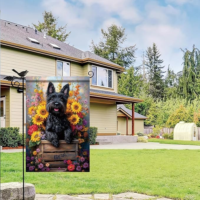 Garden Flag Black Terrier Dog with Sunflowers Floral Crate Yard Banner 12x18 Inch Double Sided Seasonal Spring Summer Outdoor Decoration for Porch Lawn Patio Outside House Dog Lover Gift