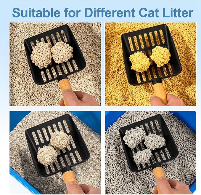 Cat Litter Scoop, Metal Litter Scoop, Heavy Duty Metal Cat Scooper for Litter Box, Black Sifter Scoop for Pellets, Wooden Handle Scoop with Hole, Kitty Necessity (9.8" Handle with Holder)