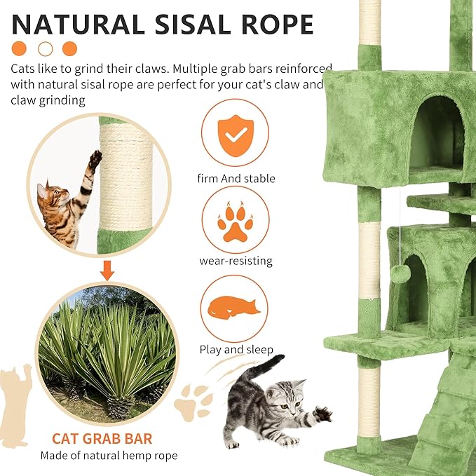 BestPet | 70" Cat Tree Tower | Green | Sturdy, Easy to Assemble, Multi-Level Activity Center with Sisal Scratching Posts, Condos, Perches, Hanging Cat Toys, Observation Decks & Ladder