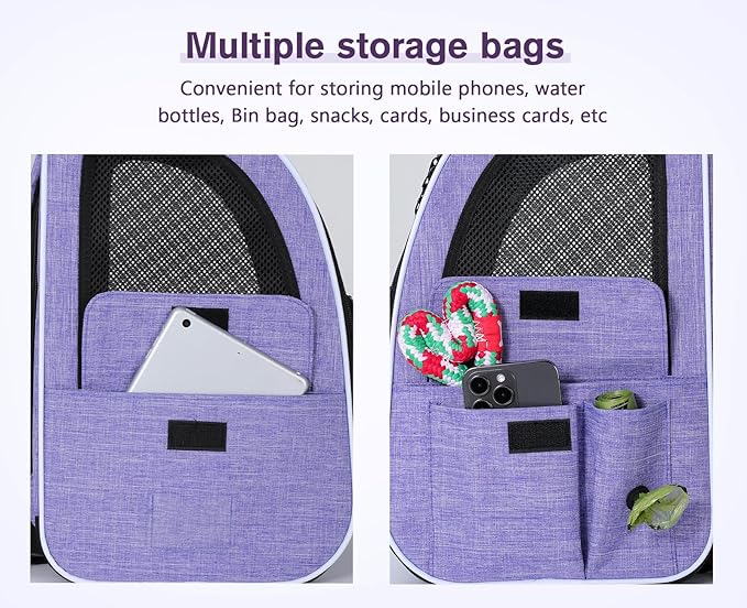 Pecute Cat Backpack Carrier Expandable, Pet Backpack for Cats & Small Dogs Up to 11lbs, with 4-Side Breathable Mesh, Multi-Entry & Lockable Zippers for Travel, Hiking, Camping - Hands Free, Purple