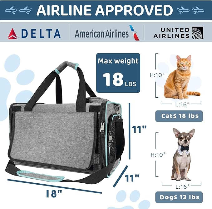 Soft-Sided Pet Carrier for Air Travel 18x11x11 Inch - Underseat Cabin Carry Bag for Small Cats & Dogs Under 15 lbs