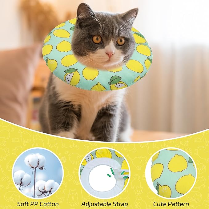 Cat Cone Collar Soft, Adjustable Cat Recovery Collars Kitten Cones to Stop Licking, Cute Donut Neck Collar After Surgery, Elizabethan Collar for Cats After Spay (Green Lemon, Small)