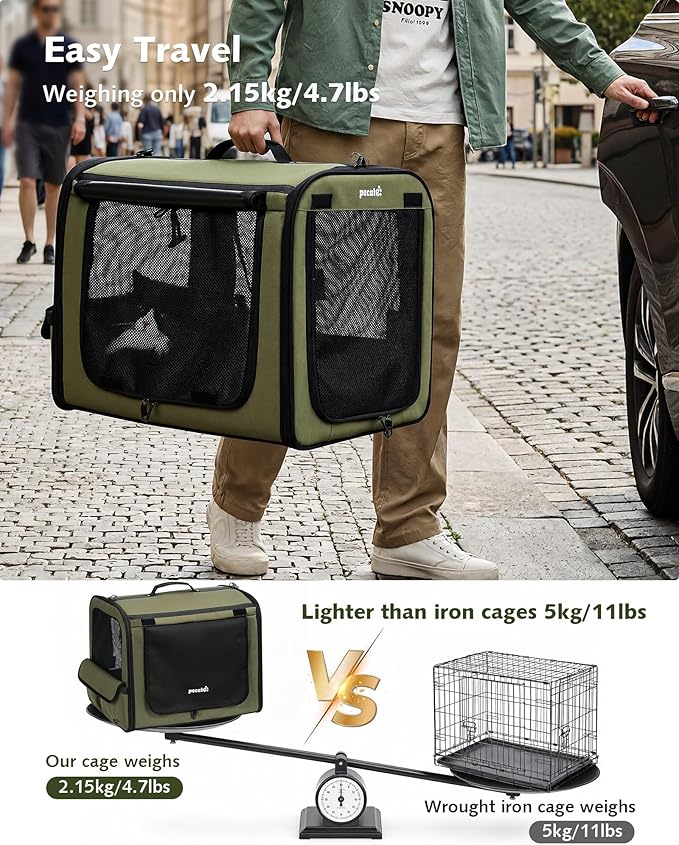 Pecute Dog Car Carrier Light Weight 19.7×16.9×14.8in, Dog Carrier Easy to Assemble, Dog Car Crate Portable and Breathable,Pet Carrier for Indoor and Outdoor, Dog Travel Crate with Curtain Green