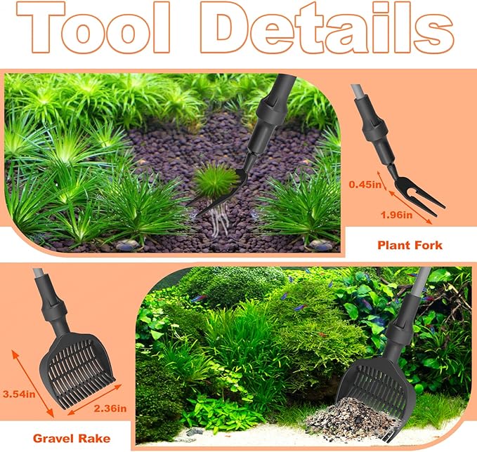 SEAOURA 7-in-1 Aquarium Cleaning Tool, Fish Tank Cleaner with Telescopic Handle,Aquariums Scraper,Adjustable Angle Brush,Gravel Rake,Plant Fork, Flat Sponge,Large Fishes Net,Hose Brushes