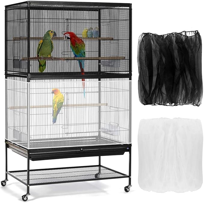 Bissap 2 PCS Bird Cage Seed Catcher, 59-90'' Universal Birdcage Net Nylon Adjustable Elastic Band Stretchy Skirts Mesh Cover for Parrot Cage Seed Guard (Not Include Birdcage)- White & Black