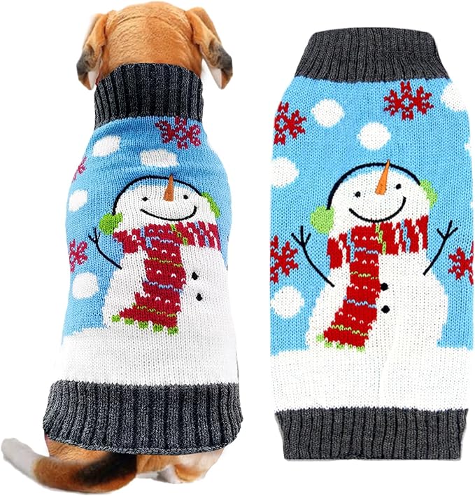 Pet Christmas Dog Sweaters Cute Animal Snowman Printed Puppy Xmas Costumes Winter Warm Turtleneck Jumpers Puppy Knitted Clothes Cat Outfits (XL, Blue Snowman)