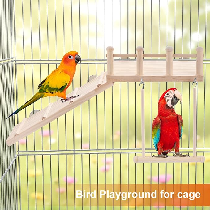 Wooden Bird Habitat Platform with Swing and Ladder - Sturdy Long Tailed Parrot cage Accessory, Suitable for Exercising and Entertaining Bird Games Gym - Perfect for Parrots, Canaries, Sparrows