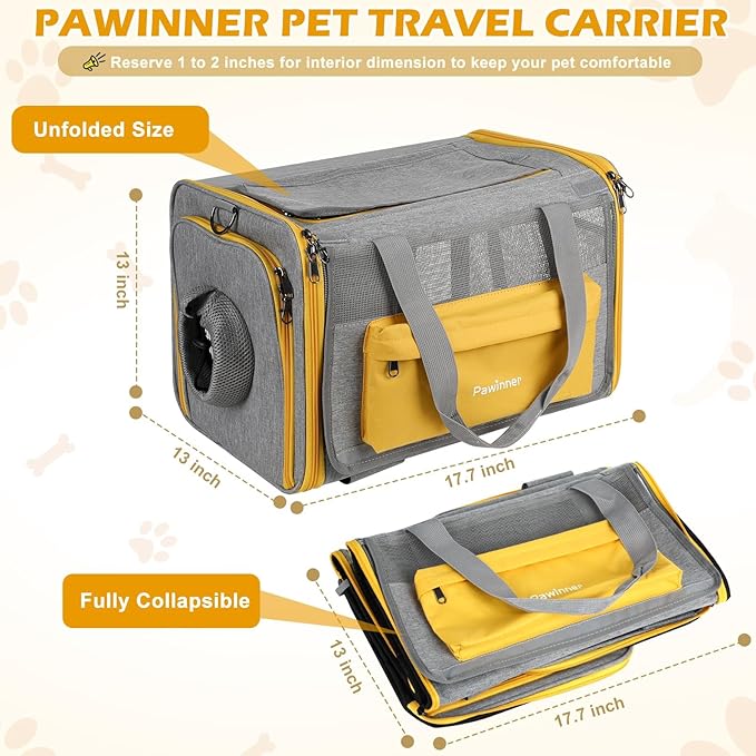 Pawinner Cat Carriers, 17.7"x13"x13" Collapsible Pets Travel Carriers Dog Carrier Pet Carrier(Up to 20lbs), Waterproof Airline Approved Soft Sided, Car Travel Portable Bag for Big Cats/Small Dogs
