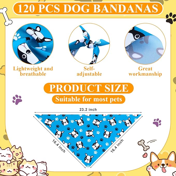 Sanwuta 120 Pcs Bandanas for Dogs Bulk Dog Bone and Paw Print Pattern Triangle Bandanas for Groomers Washable Pet Scarves Adjustable Bibs for Small and Medium Pets, 30 Styles