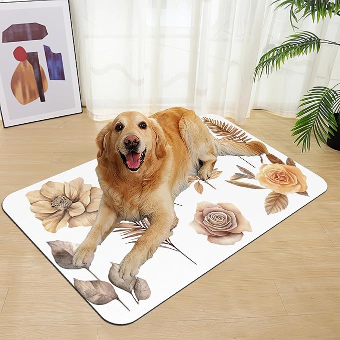 Floral Palm Leaves Dog Cat Food Mat–Christmas Stocking Absorbent Waterproof Placemat for Food and Water Bowls, Non Slip Rubber Backing, Feeding Mat for Clean Floors 12"x20"