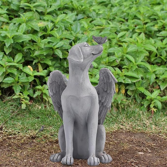 Angel Figurine Memorial Pet Puppy Dog Butterfly Stone Statue with Wings Garden Grave Monument Marker Decor Polyresin Angel Figures Statue Tombstone Sculpture Ornament Loss of Dog Sympathy Gift