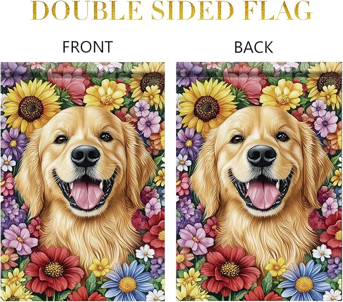 Golden Retriever Garden Flag 12x18 Inch Dog with Colorful Flowers Outdoor Banner Cute Pet Yard Decor Spring Summer Double Sided Welcome Flag for Lawn House Decoration Dog Lovers Gift