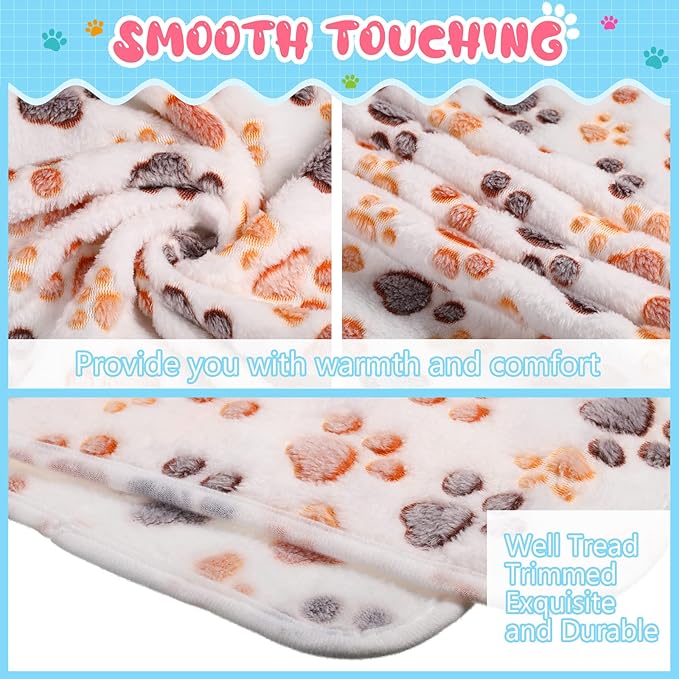 Tatuo 4 Pcs Dog Blanket for Pet Cat Blankets Indoor Puppy Teething Stuff Toys Paw Print Fleece Soft Blanket Sleep Mat for Guinea Pig Cage(White,X-Large(41 x 30 Inch),Square)