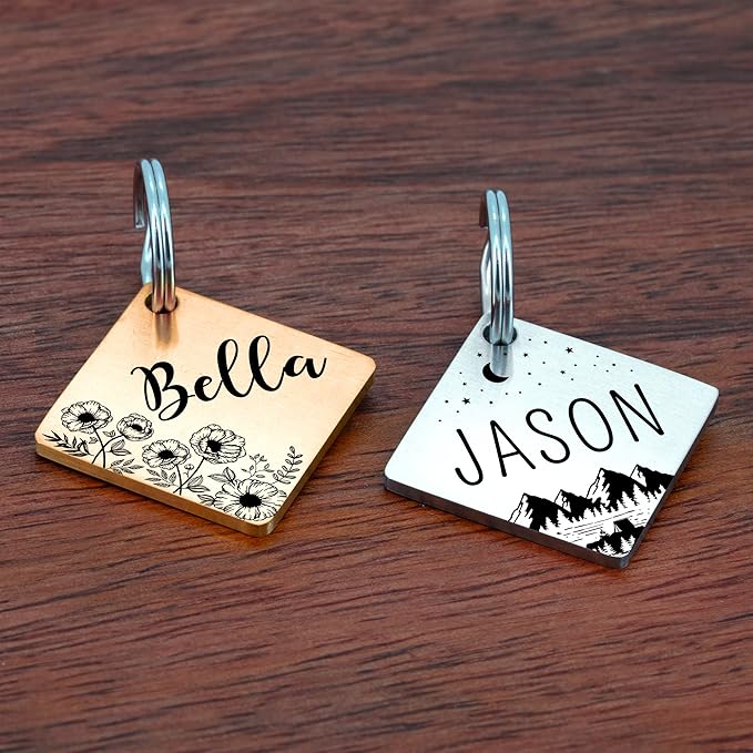 Ultra Joys Stainless Steel Custom Dog & Cat Tags - Personalized Front & Back Engraving, Optional Both Sides, Diamond Tag Mountain Silver Large