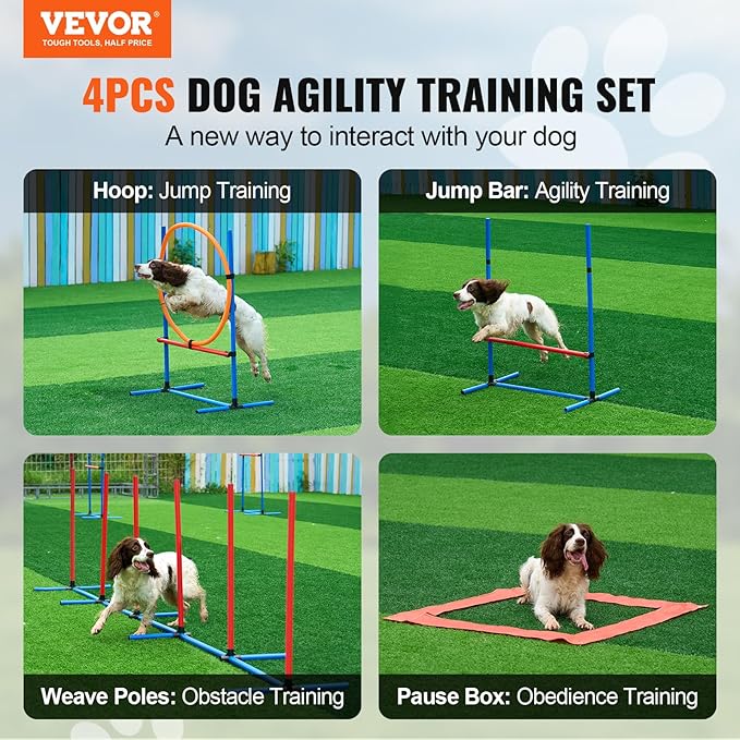 VEVOR Dog Agility Training Equipment, Dog Agility Course Backyard Set with Adjustable High Hurdles,Weave Poles,Jump Ring,Square Pause Box,Whistle,Foldable Bowl, Obstacle Course Kit with Storage Bag