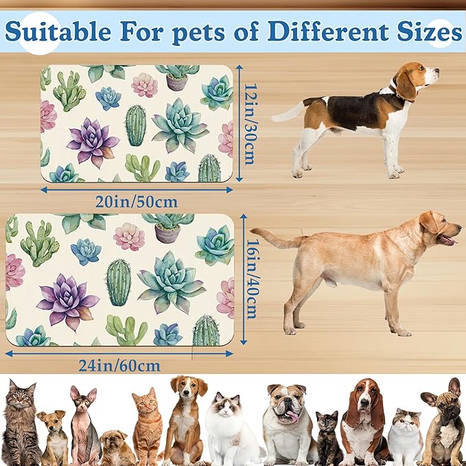 Cactus Flower Pet Feeding Mat for Floors–Christmas Stocking Absorbent Quick Dry Dog Cat Bowl Mat for Food and Water, Non Slip Waterproof Base, Mess-Free Feeding Accessories 12"x20"