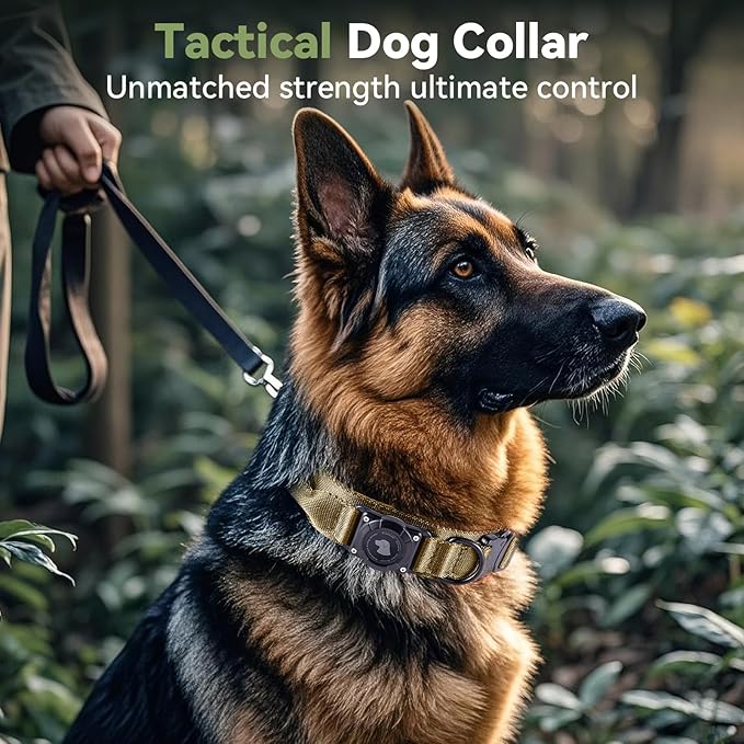 2025 Upgrade Waterproof AirTag Dog Collar, Military Tactical Dog Collar with AirTag Holder, Comfortable Control Handle and Metal Buckle, GPS Dog Collar Holder for Medium to Large Dogs (Khaki,X L)