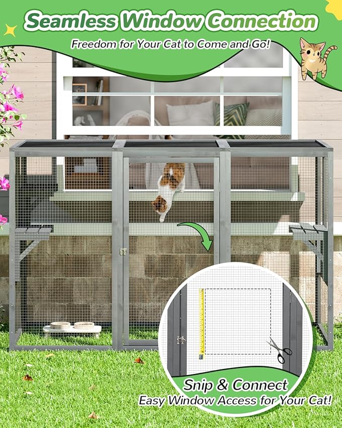 Catio Outdoor Cat Enclosure,71" L Outside Cat House Weatherproof, Wooden Large Catios for Cats Patio, Cat Houses with 3 Platforms,Grey