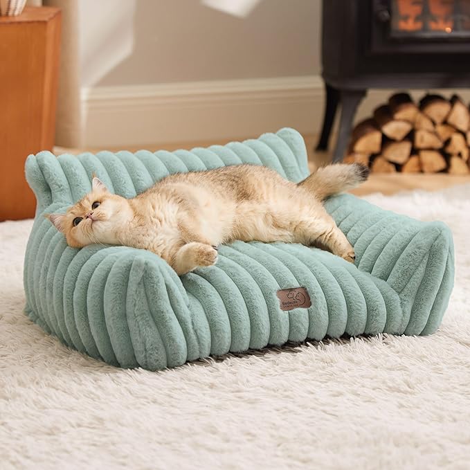 Bedsure ComfyFleece™ Cute Cat Couch for Pets - As Seen on TV on Good Day New York, Fuzzy Cats beds for Indoor Cats with Removable Washable Cover, Supportive Pet Sofa, 24inch, Garden Green