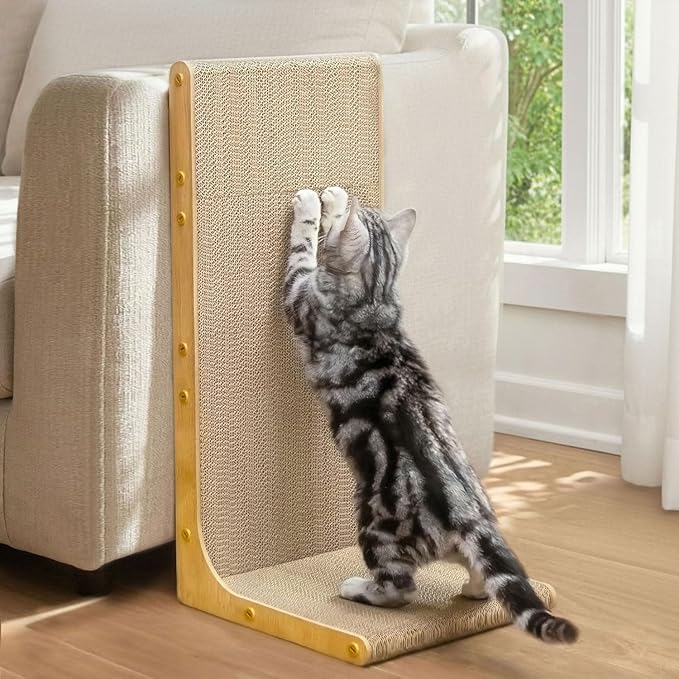 Cardboard Cat Scratcher,23 Inch L Shape Scratch Pad Wall Mounted,Vertical Scratching Board, Durable Cardboard to Protect Furniture for Indoor Cats,Wood Grain Large