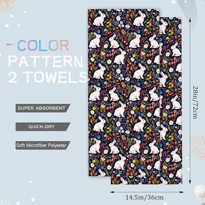 Cute Rabbit Hand Towels - 2 Pack, 14.5" X 28",Soft Microfiber Polyester Dark Towel Set with Adorable Bunny and Floral Pattern,for Fun Bathroom Kitchen Spa Hotel Decor Gifts Women Girls