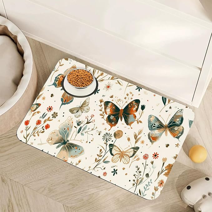 Butterfly Dog Food Mat for Floors,Boho Garden Vintage Absorbent Pet Food and Water Bowl Mats,Non-Slip Pet Feeding Mat,Pet Supplies 12" x 20"