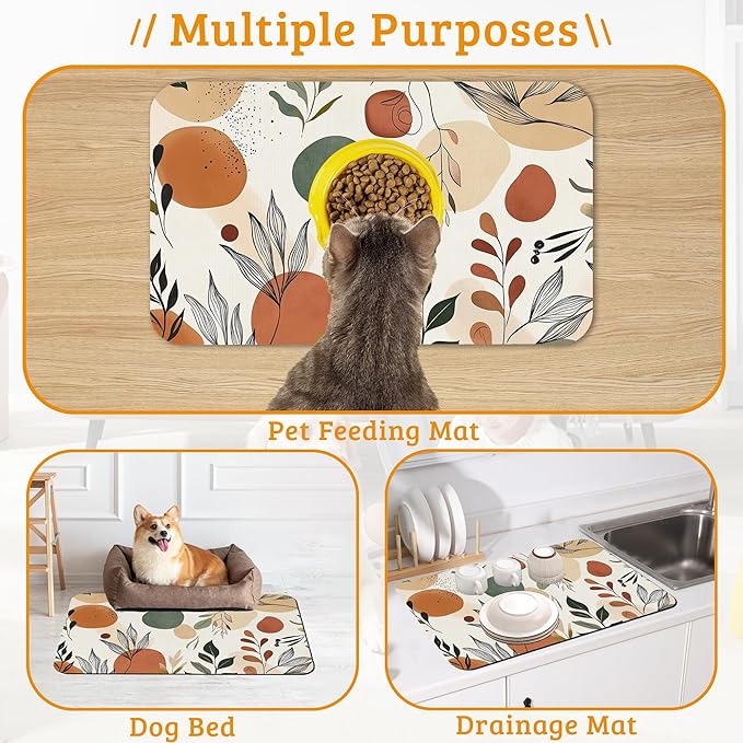 Boho Dog Cat Food Mat,Abstract Leaves Absorbent Waterproof Placemat for Food and Water Non Slip Rubber Backing Durable Feeding Pad for Clean Floors 12" x 20"