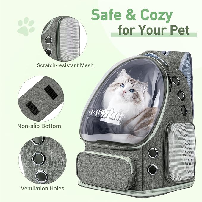 Pawstrip Cat Backpack Carrier with Large Space Bubble Window, Airline Approved Breathable Pet Carrier for Small Dogs Cats up to 15lbs, Foldable for Travel Hiking & Outdoor Use