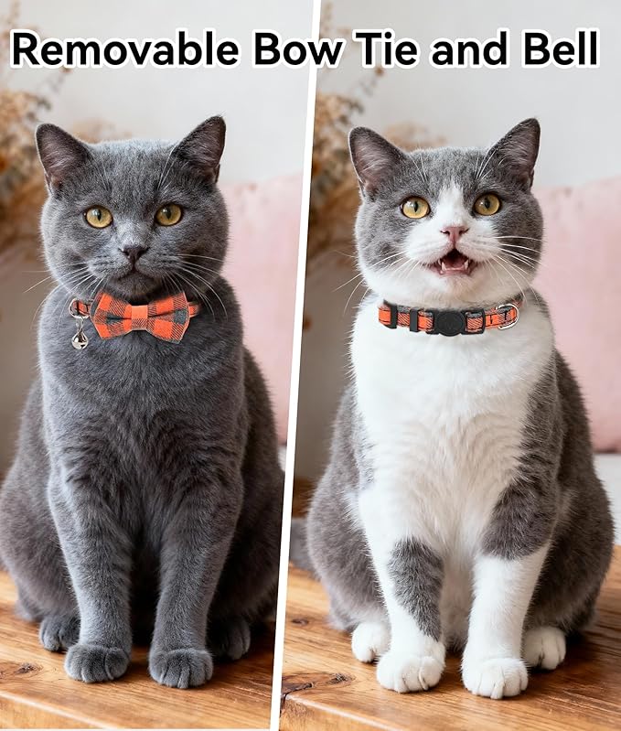 Joytale Upgraded Cat Collar with Bells, Breakaway Cat Collars with Bow Tie, 1 Pack Girl Boy Safety Plaid Kitten Collars, Orange