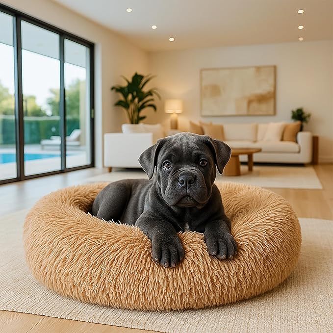 Calming Dog Bed - Fluffy Donut Cuddler for Anxiety Relief, Orthopedic Pet Bed with Non-Slip Bottom, Cozy Round Faux Fur Nest for Dogs and Cats, Plush Crate Mat for Comfort (Camel, Small +)