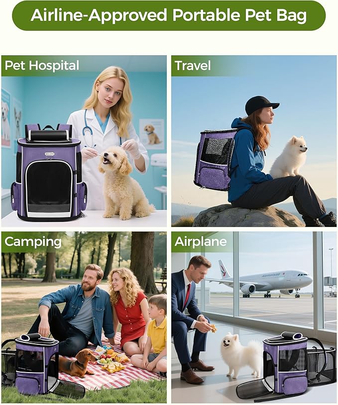 BAGLHER Expandable Cat Carrier Backpacks, Retractable Pet Carrier Backpack for Small Dogs & Cats with Breathable Mesh, Travel Bag Up to 18 Lbs for Hiking Camping Outdoor - Purple