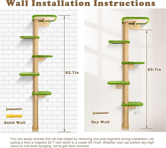 Floor to Ceiling Cat Tree for Kittens, Wall Mounted Cat Wall Furniture with Green Plush Pads, 5 Platform Wild Simulation Climbing Tower, Adjustable Height