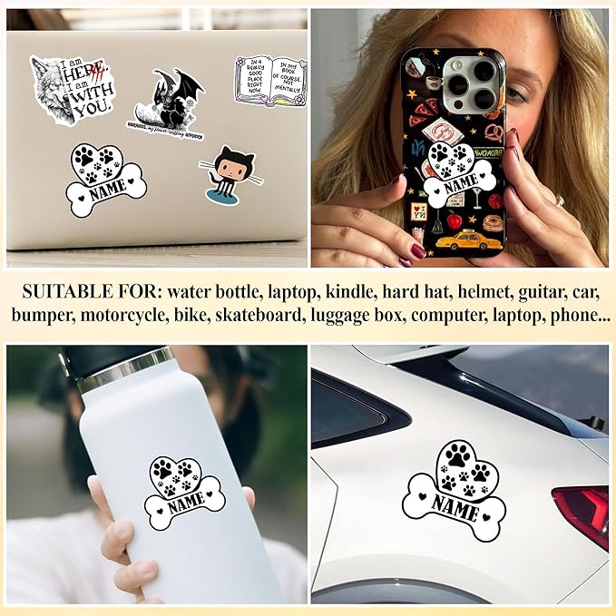 Custom Dog Paw Bone Sticker Personalized Pet Name Decal Cute Heart and Pawprint Design Waterproof Durable Vinyl for Dog Owners Laptops Cars Crates Water Bottles Pet Supplies Animal Lover Gift