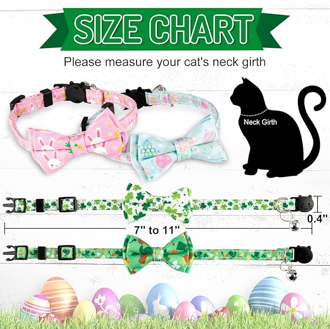 Whaline 4 Pack St. Patrick's Day Easter Cat Collar with Bowknot and Bell Shamrock Bunny Rabbit Egg Pattern Safety Breakaway Adjustable Pet Collars for Cat Kitten Puppy