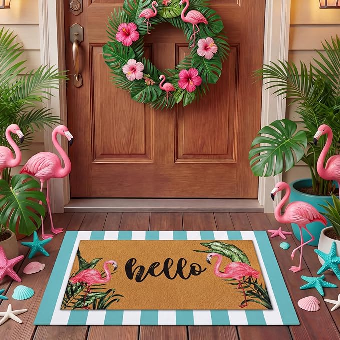 Tinideya 2 Pcs Summer Door Mat Flamingo Welcome Non Slip Coir Hello Mats Floor Layering Doormats Seasonal for Front Porch Entryway Decor(Brown Green White,Hello Flamingo)