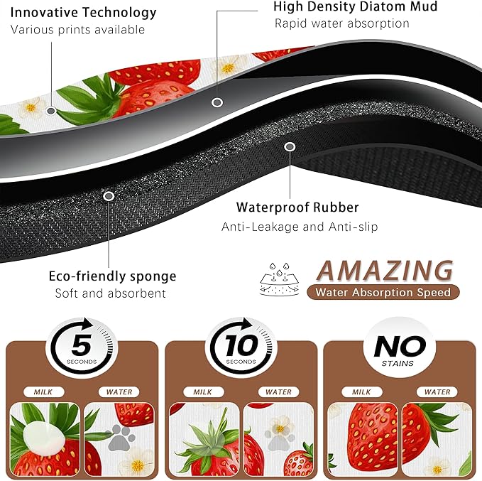 Cute Strawberry Flower Dog Cat Food Mat,Absorbent Pet Feeding Mat with Rubber Backing,Non-Slip Water Bowl Placemat,Indoor Pet Accessories Supplies 12"x20"