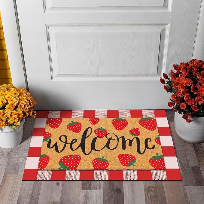 Tinideya 2 Pcs Strawberry Door Mat Fruit Pattern Design Welcome Non Slip Coir Mats Red and White Plaid Floor Layering Doormats Seasonal for Front Porch Entryway Decor(Strawberry)