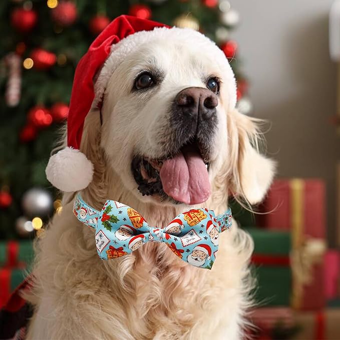 Christmas Dog Collar with Bow Tie Set, Holiday Santa Claus Pattern Pet Collar for Small Medium Large Dogs, Adjustable Puppy Collar with Quick Release Buckle
