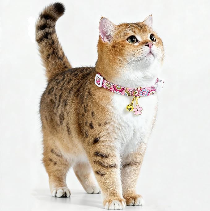 2 Pack Cotton Breakaway Cat Collars Set with Bell and Flower Pendant, Cute Floral Fruit Patterned, Adjustable 7.5-11Inch, Include A Mouse Toy Gift (Flower+Geometry)
