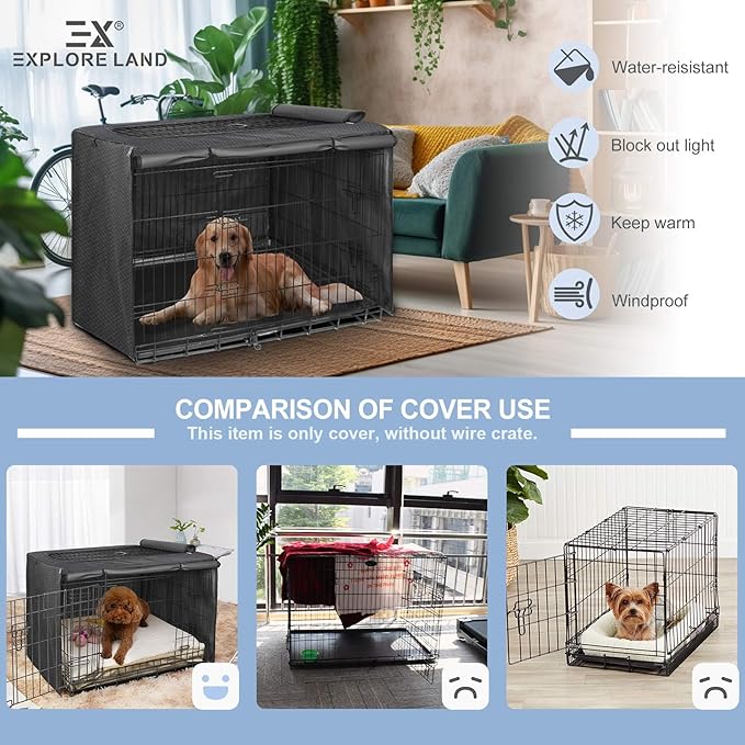 Explore Land Dog Crate Cover Heavy Duty Polyester Pet Kennel Sunshade Universal Fit for 38 inches Wire Cage (Black)