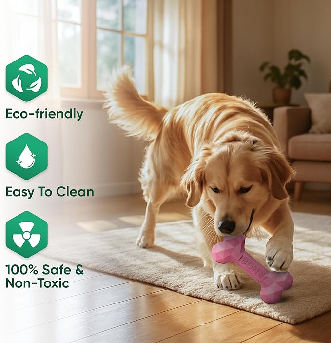 Natural Rubber Dog Chew Bone – Treat-Dispensing, Tough & Indestructible Chew Toy – Safe for Aggressive Chewers – Dental Health & Boredom Relief (Pink)