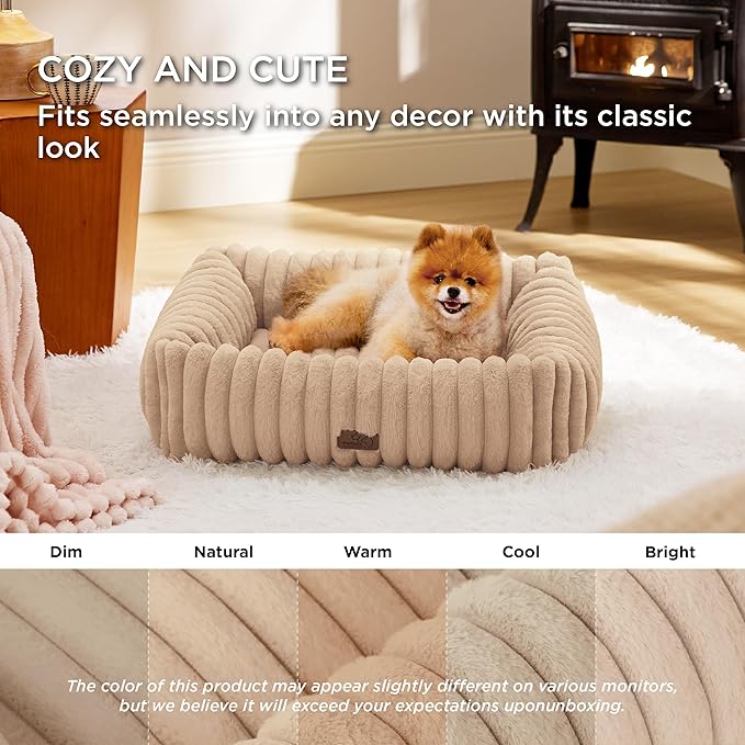 Bedsure ComfyFleece™ Cute Dog Bed for Small Medium Dogs - Washable Furry Puppy Beds, Rectangle Orthopedic Corduroy Fleece Pet Beds with Removable Zipper Cover, 25x21x7inches,Sandy Beige