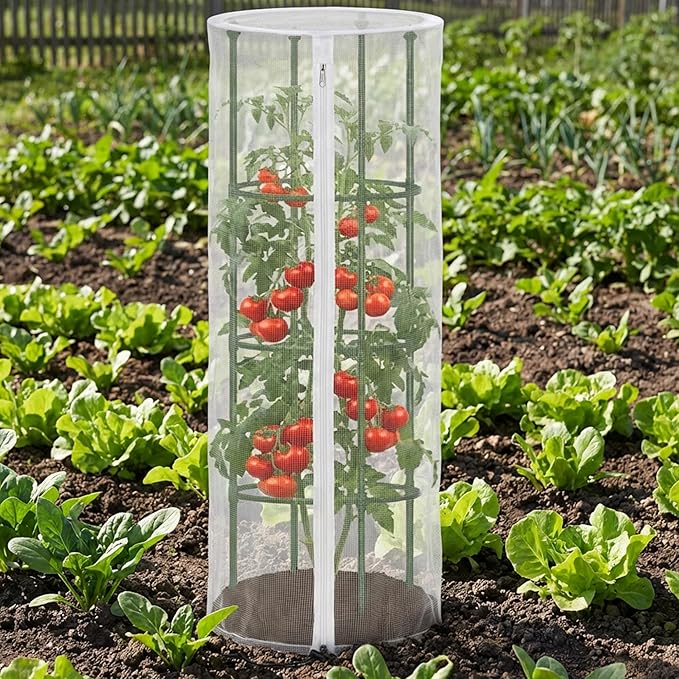 4 Pcs Garden Bird Netting for Round Plant Cage, 59" x 18" Tomato Cage Garden Net Cover with Zipper, Tomato Trellis Insect Bird Barrier Protection Mesh for Vertical Climbing Plants Vegetables Fruits
