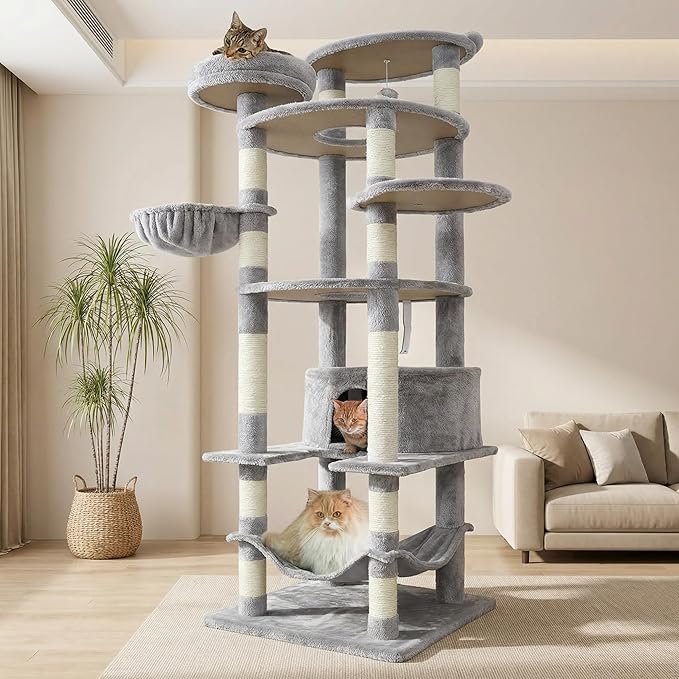 78.8" Large Cat Tree Tower for Indoor Kitties, Multi-Level Furniture Activity Center for Tall Cat Condo with Cozy Perches,Sisal Scratching Posts,Hammock and Basket (78.8 inch Light Gray)