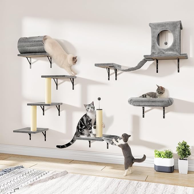 NUNU LAB 7-in-1 Wall Mounted Cat Climber Set, Cat Wall Furniture Set with House, Bridge, Steps, Scratcher Post, DIY Playground, Cat Wall Shelves - Gray