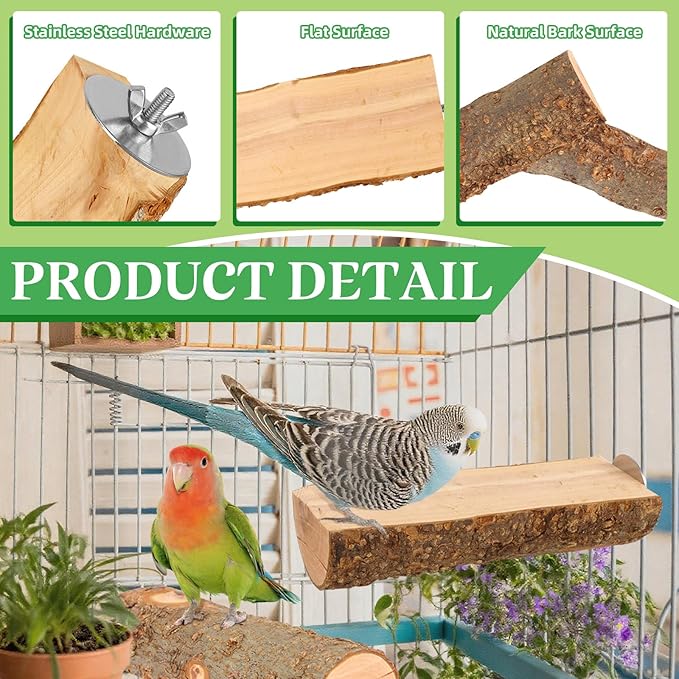 2PCS Natural Wood Bird Perch Platform for Cage - Parrot Perch Stand for Conures, Cockatiels, Budgies, Lovebirds, Parrotlets, Small Bird Cage Accessories & Wooden Perches for Small Parrots
